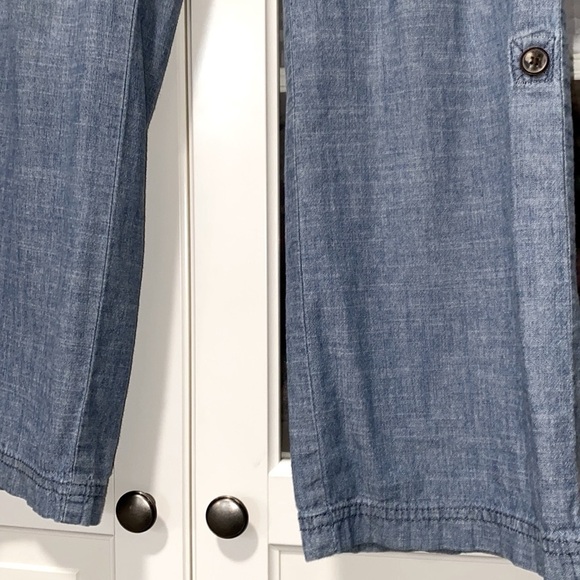 Blue Chambray Straight Leg Drawstring Capri Relaxed Fit Bohemian Pockets Pants - Picture 14 of 16